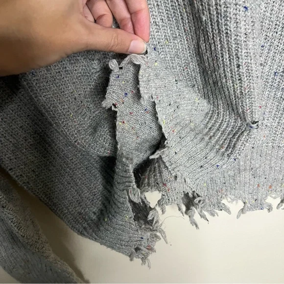 Zenana Gray Distressed Turtleneck Sweater XS Funfetti Speckled Cutout Cable Knit - Picture 4 of 9
